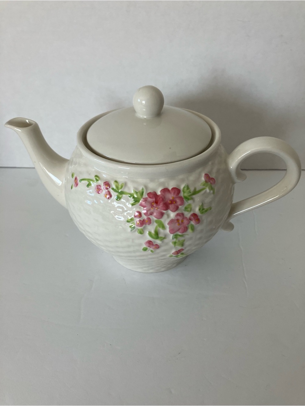 Cream Floral Ceramic Teapot with Pink Flower Accent